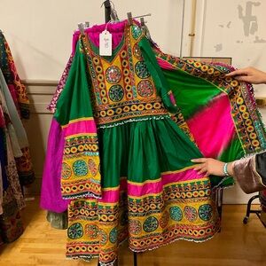 Vibrant Green and Pink Embroidered Afghan Dress